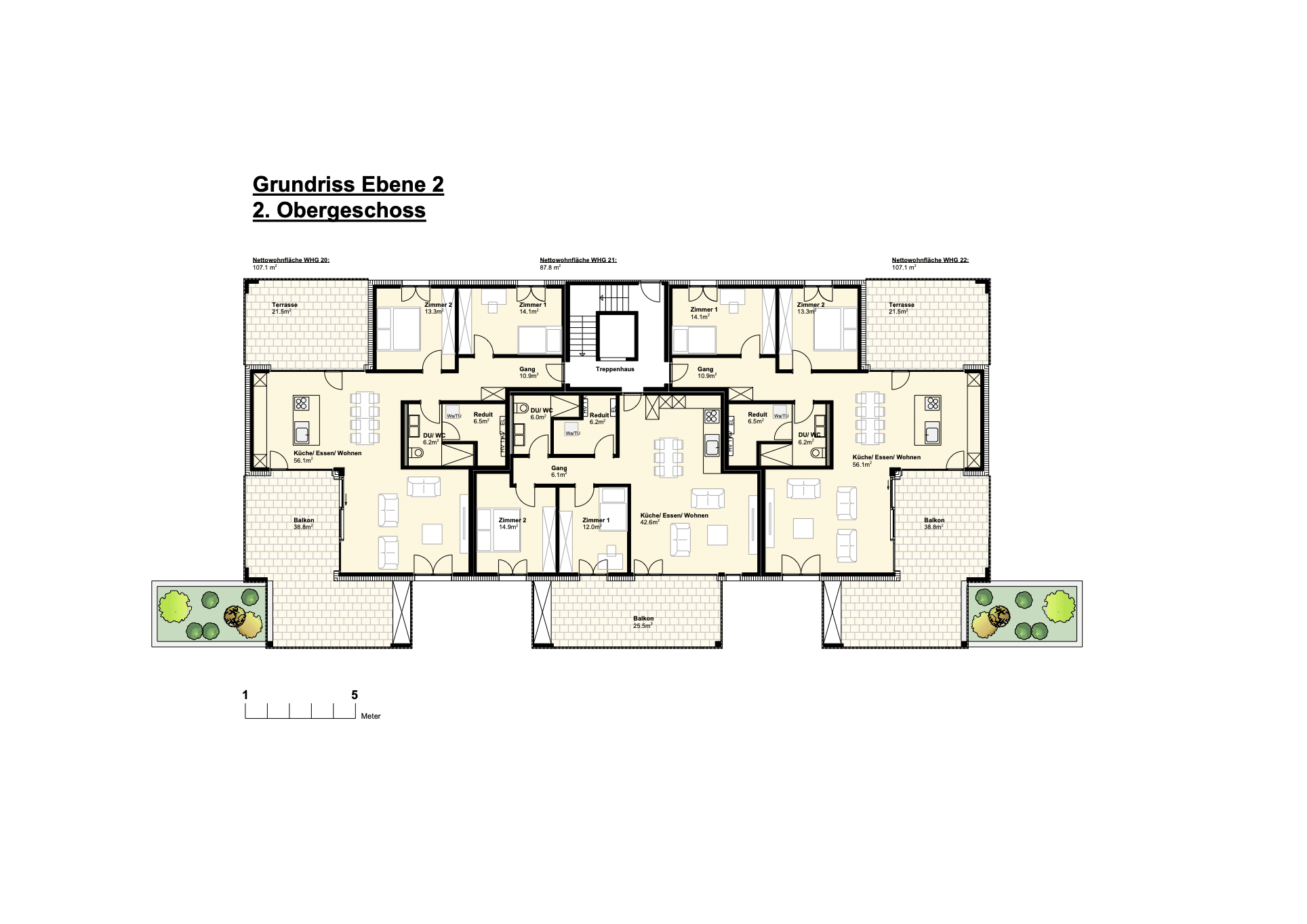 Grundriss eines 2. Obergeschosses mit Wohnungen, Balkonen und Terrassen