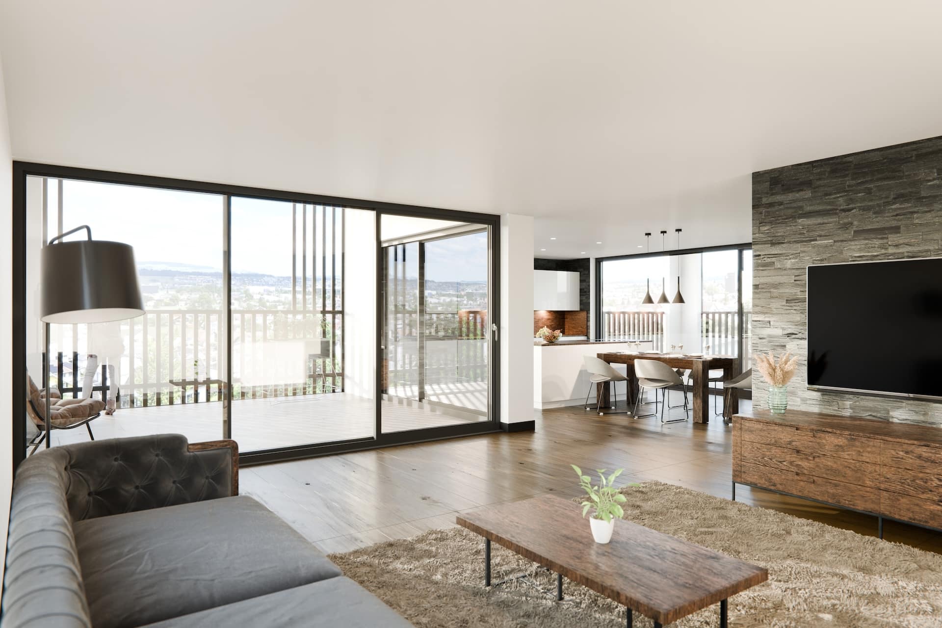 Modernes offenes Wohn-Esszimmer mit großer Glasfront